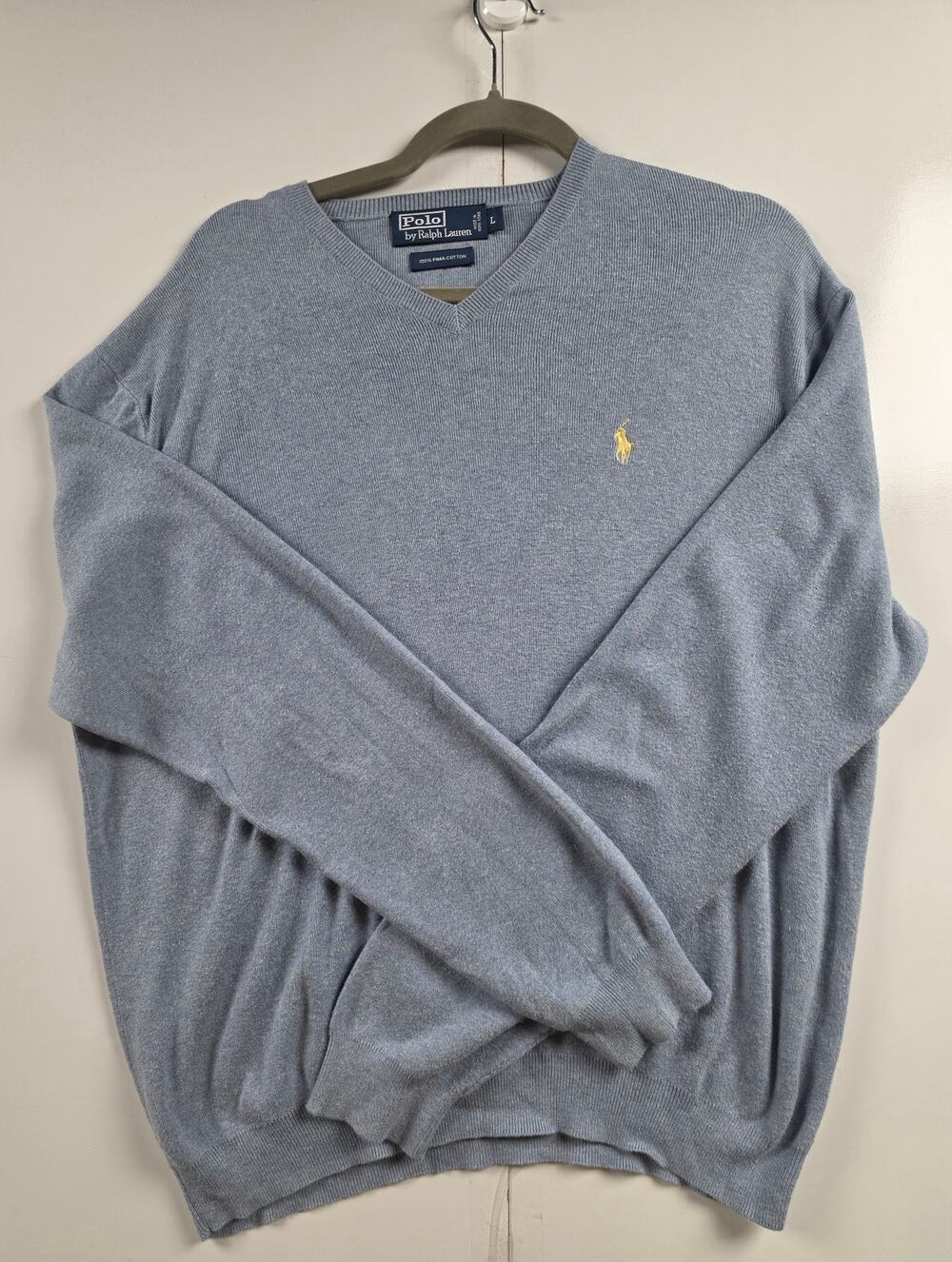 Polo Ralph Lauren Pima Cotton V Neck Sweater Blue Yellow Pony Men L 0082